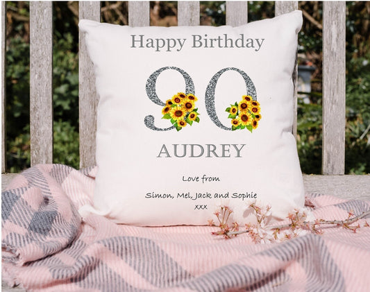 Personalised 90th Birthday Sunflower Cushion