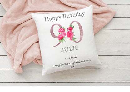 90th Birthday personalised cushion, 90th Birthday gift, peony cushion, pink peony birthday, gift for her