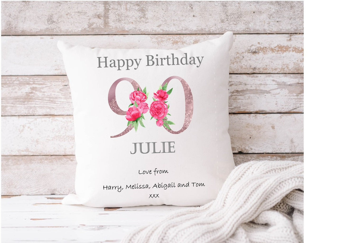 90th Birthday personalised cushion, 90th Birthday gift, peony cushion, pink peony birthday, gift for her