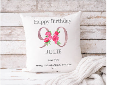90th Birthday personalised cushion, 90th Birthday gift, peony cushion, pink peony birthday, gift for her