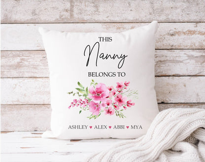 Personalised Floral This Nanny Belongs to Cushion: Custom Grandchildren Names