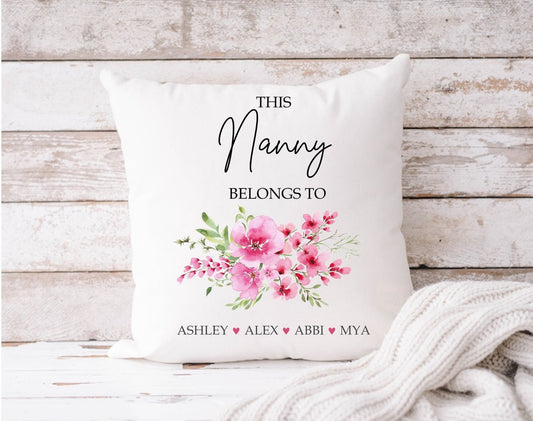 Personalised Floral This Nanny Belongs to Cushion: Custom Grandchildren Names