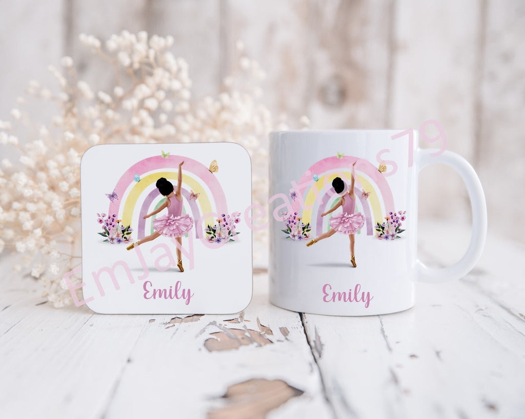 Personalised Ballerina Mug and Coaster Set: Rainbow Ballet Gift
