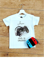 personalised Gamer Birthday T-Shirt: Level Unlocked, PS Controller