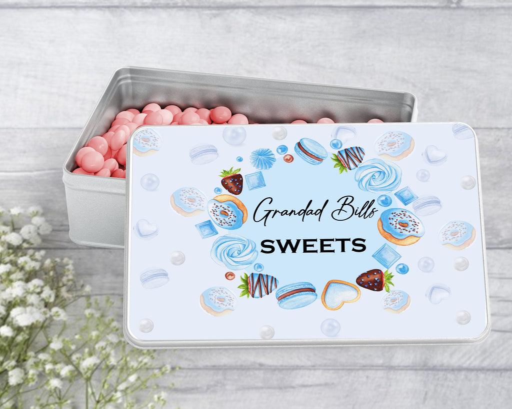 Personalised blue sweet tin: Gift for Grandad, Treat Storage, Dad's sweets, sweet tin for him