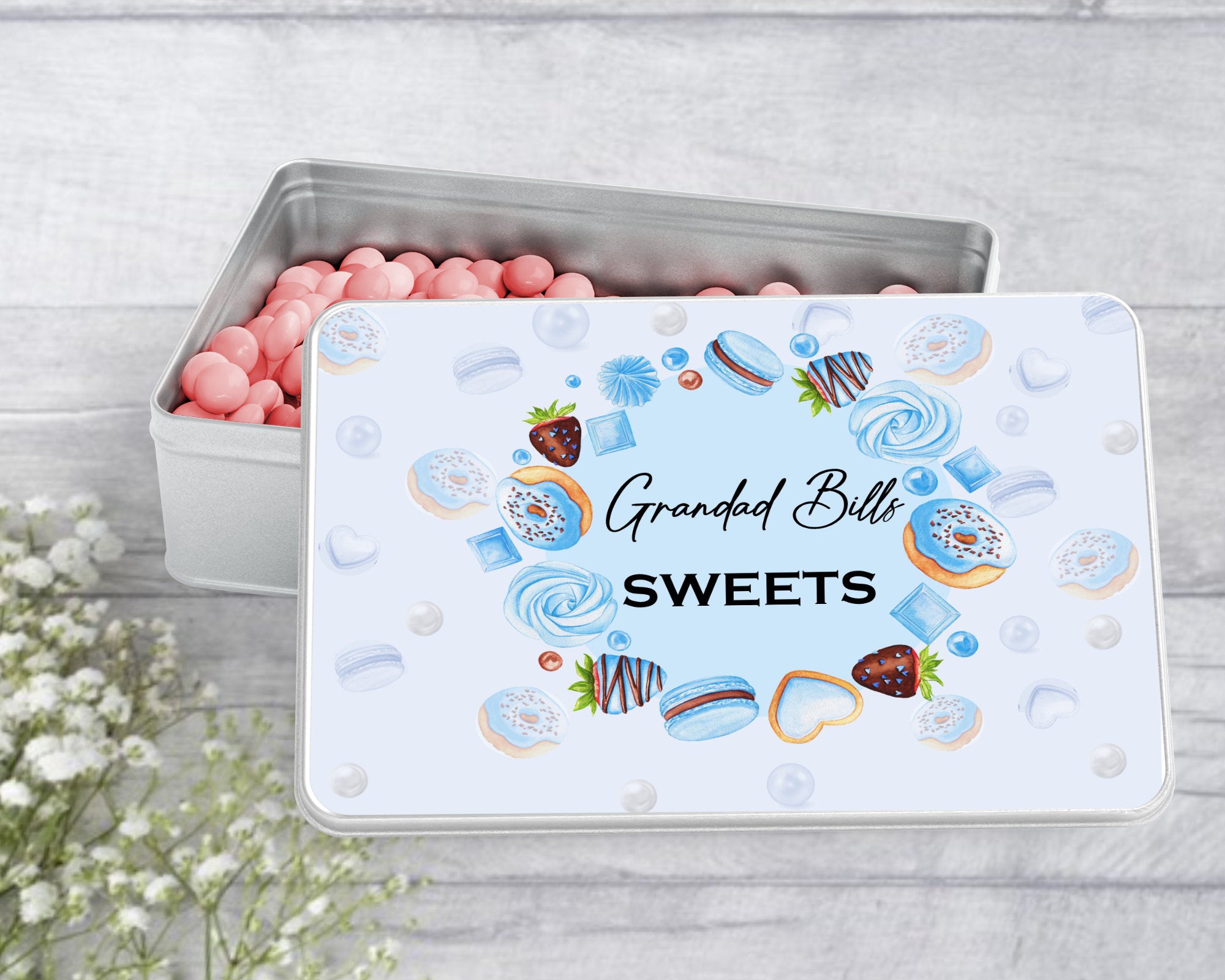 Personalised blue sweet tin: Gift for Grandad, Treat Storage, Dad's sweets, sweet tin for him