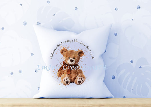 personalised Teddy Bear Cushion: Nursery Decor, Baby Boy Gift