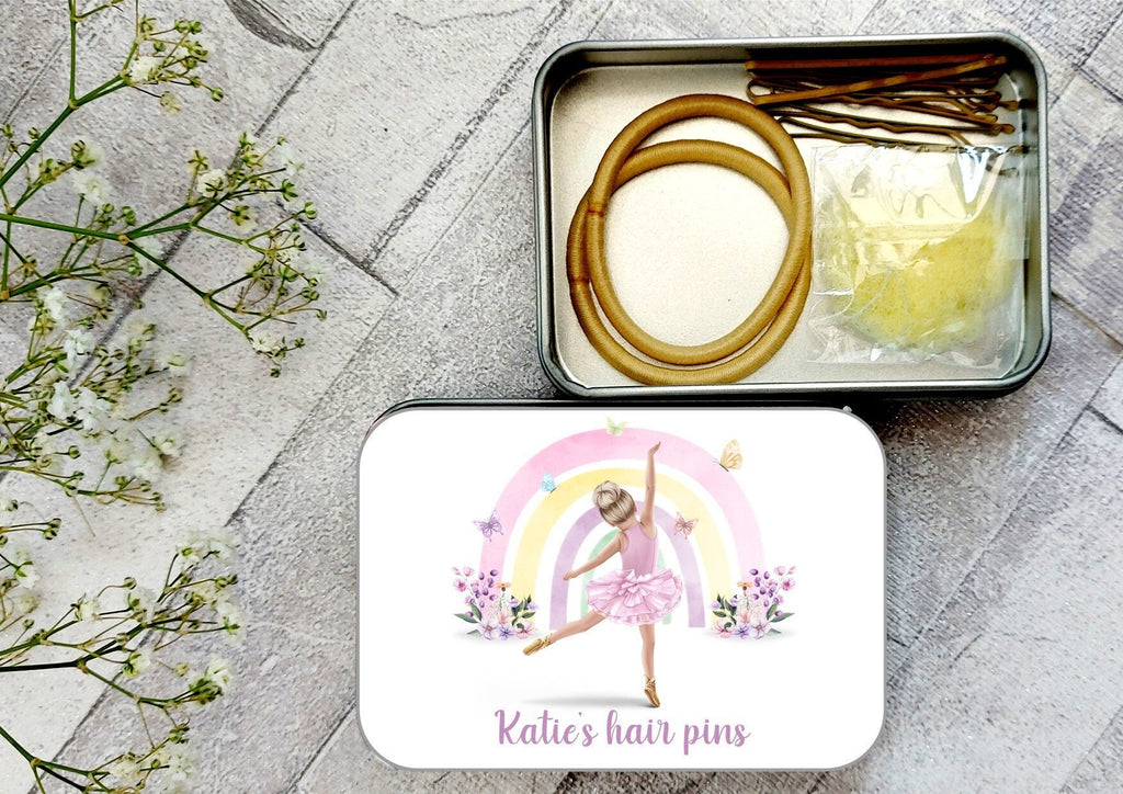 Personalised rainbow Ballerina Hair Bun Kit: Dance Hair Accessories in Tin