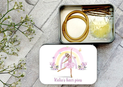 Personalised rainbow Ballerina Hair Bun Kit: Dance Hair Accessories in Tin