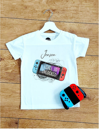 personalised Gamer Birthday T-Shirt: Level Unlocked Switch Design