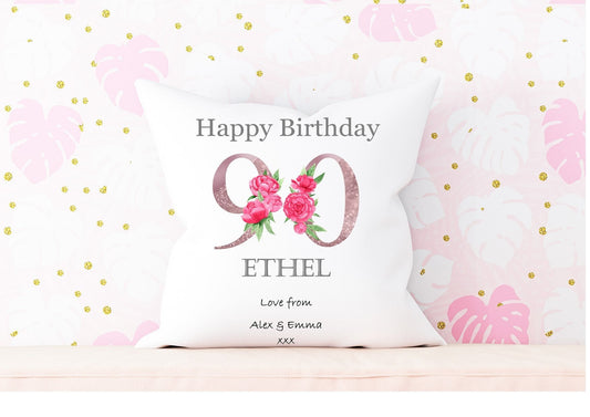90th Birthday personalised cushion, 90th Birthday gift, peony cushion, pink peony birthday, gift for her
