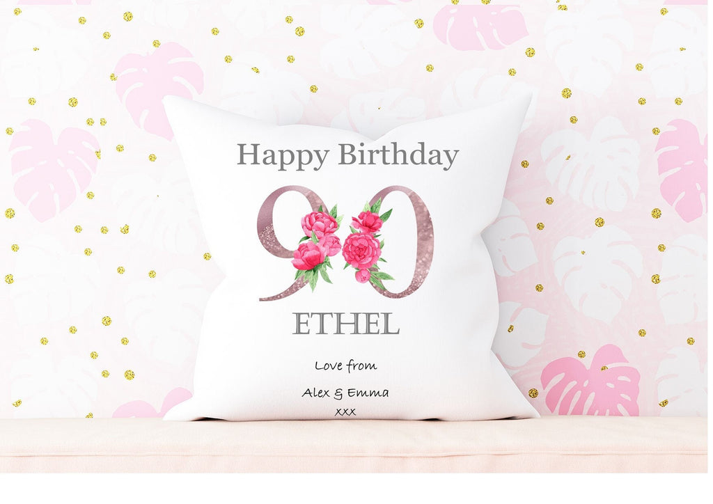 90th Birthday personalised cushion, 90th Birthday gift, peony cushion, pink peony birthday, gift for her