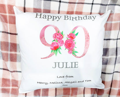 90th Birthday personalised cushion, 90th Birthday gift, peony cushion, pink peony birthday, gift for her