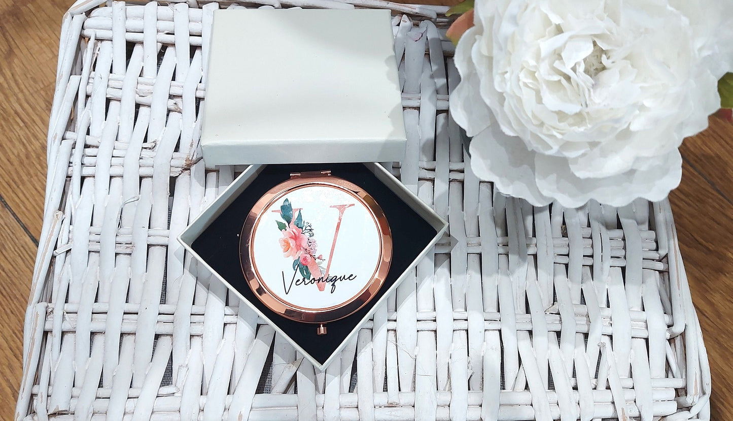 personalised Rose Gold Compact Mirror: Floral Glitter Monogram