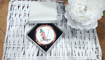personalised Rose Gold Compact Mirror: Floral Glitter Monogram