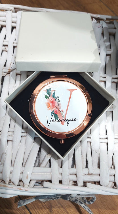personalised Rose Gold Compact Mirror: Floral Glitter Monogram
