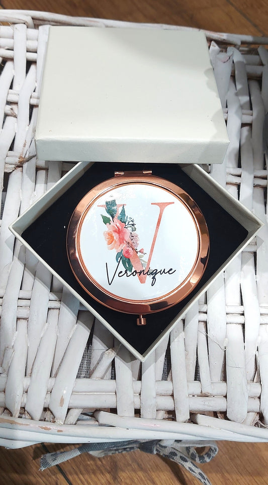 personalised Rose Gold Compact Mirror: Floral Glitter Monogram