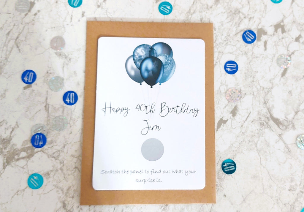 personalised 40th Birthday Surprise Scratch Card: Blue Balloon Reveal