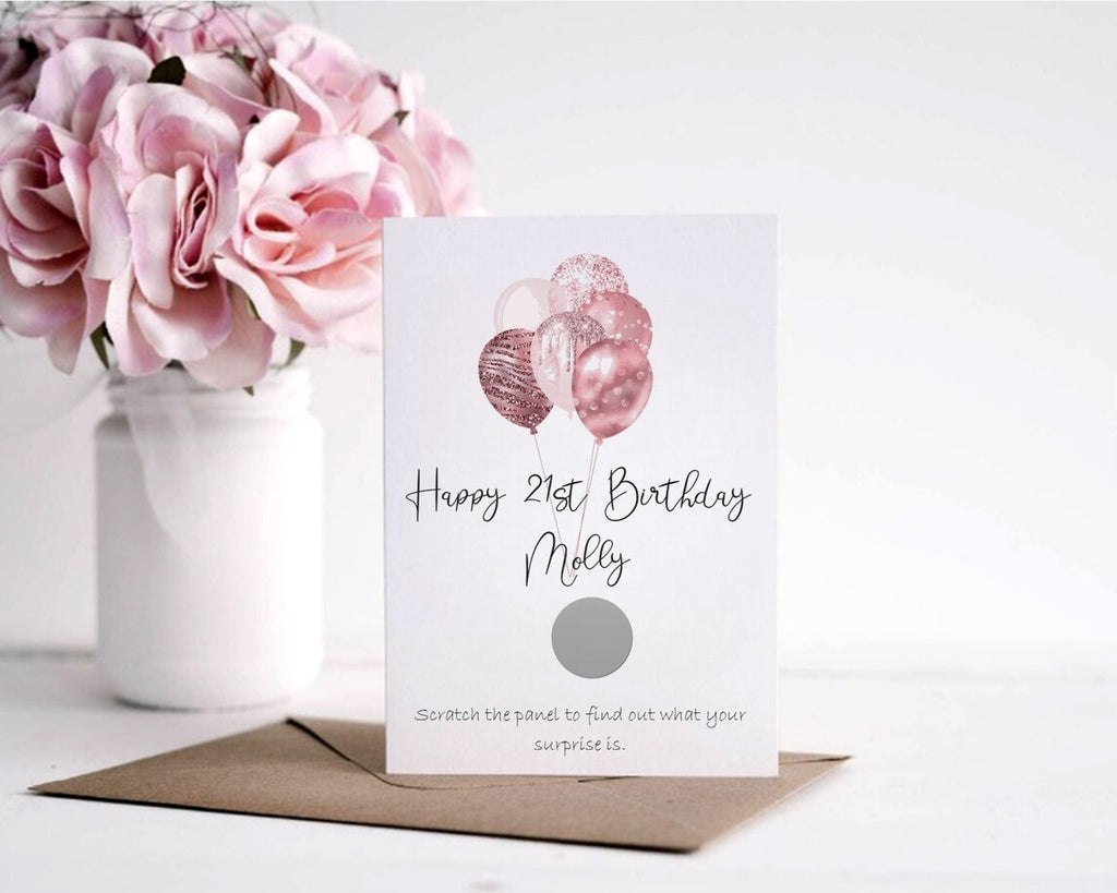 personalised 21st Birthday Scratch Card: Pink Balloon Surprise Reveal