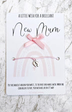 New Mum Wish Bracelet: Pink Cord, Baby Feet Charm