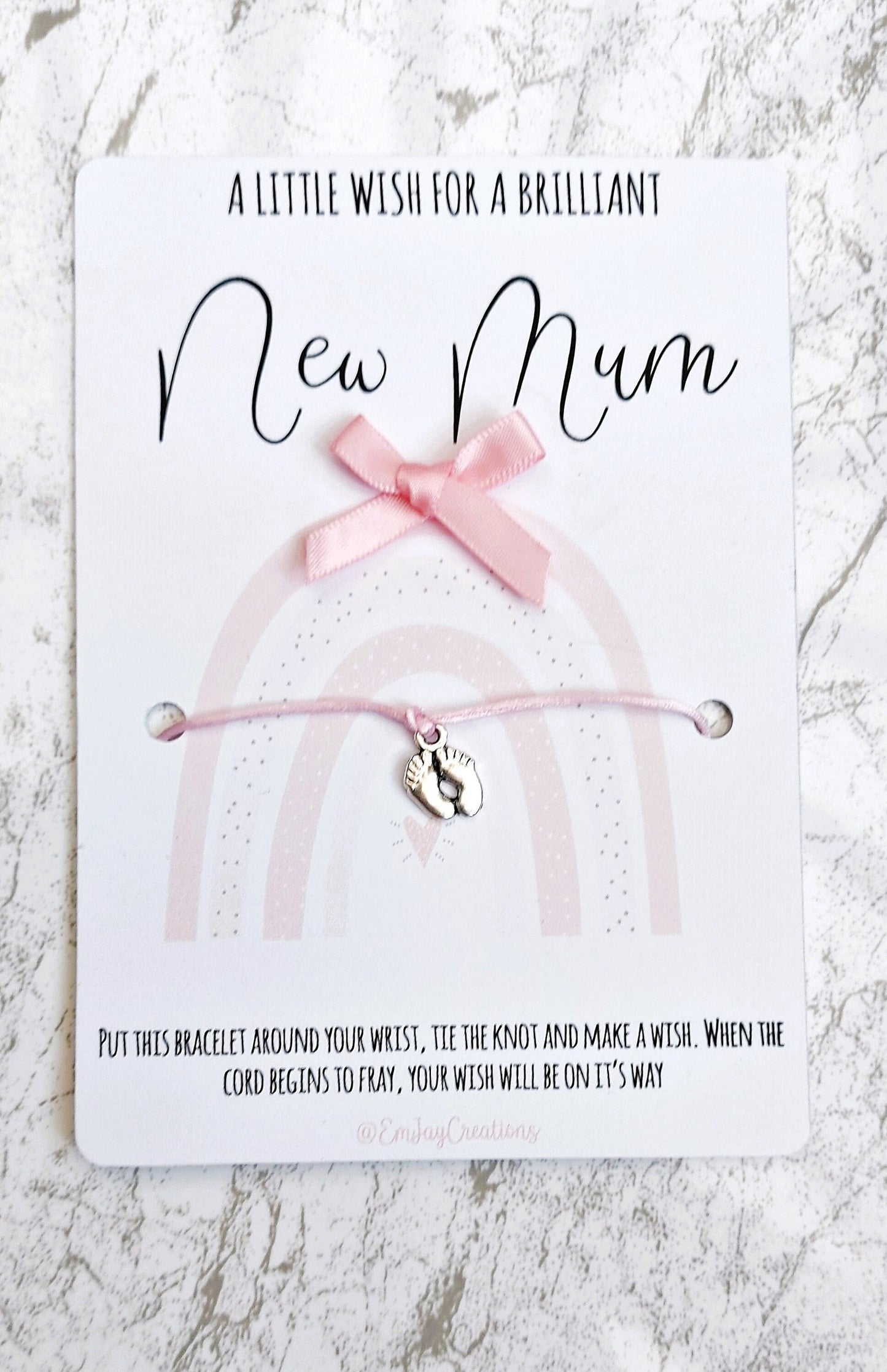 New Mum Wish Bracelet: Pink Cord, Baby Feet Charm