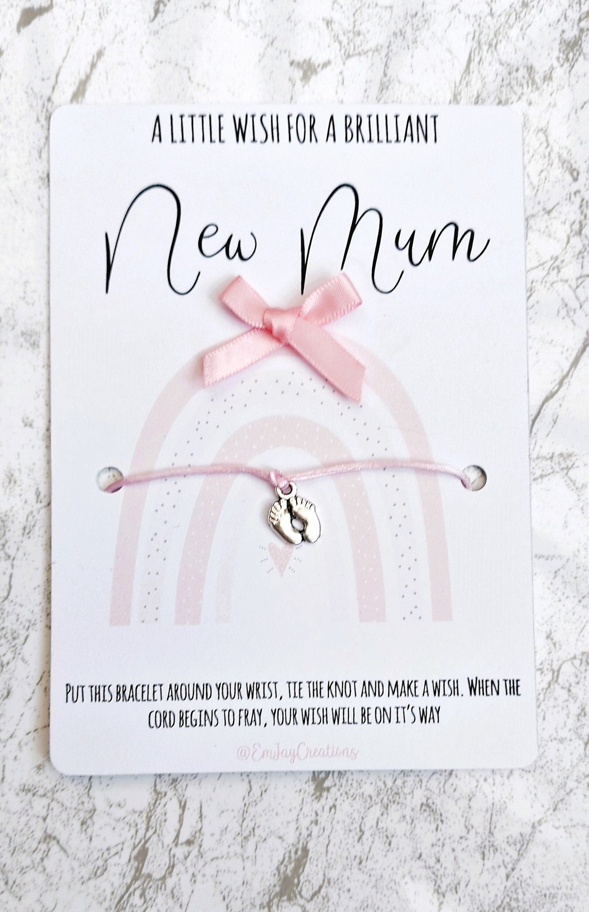 New Mum Wish Bracelet: Pink Cord, Baby Feet Charm