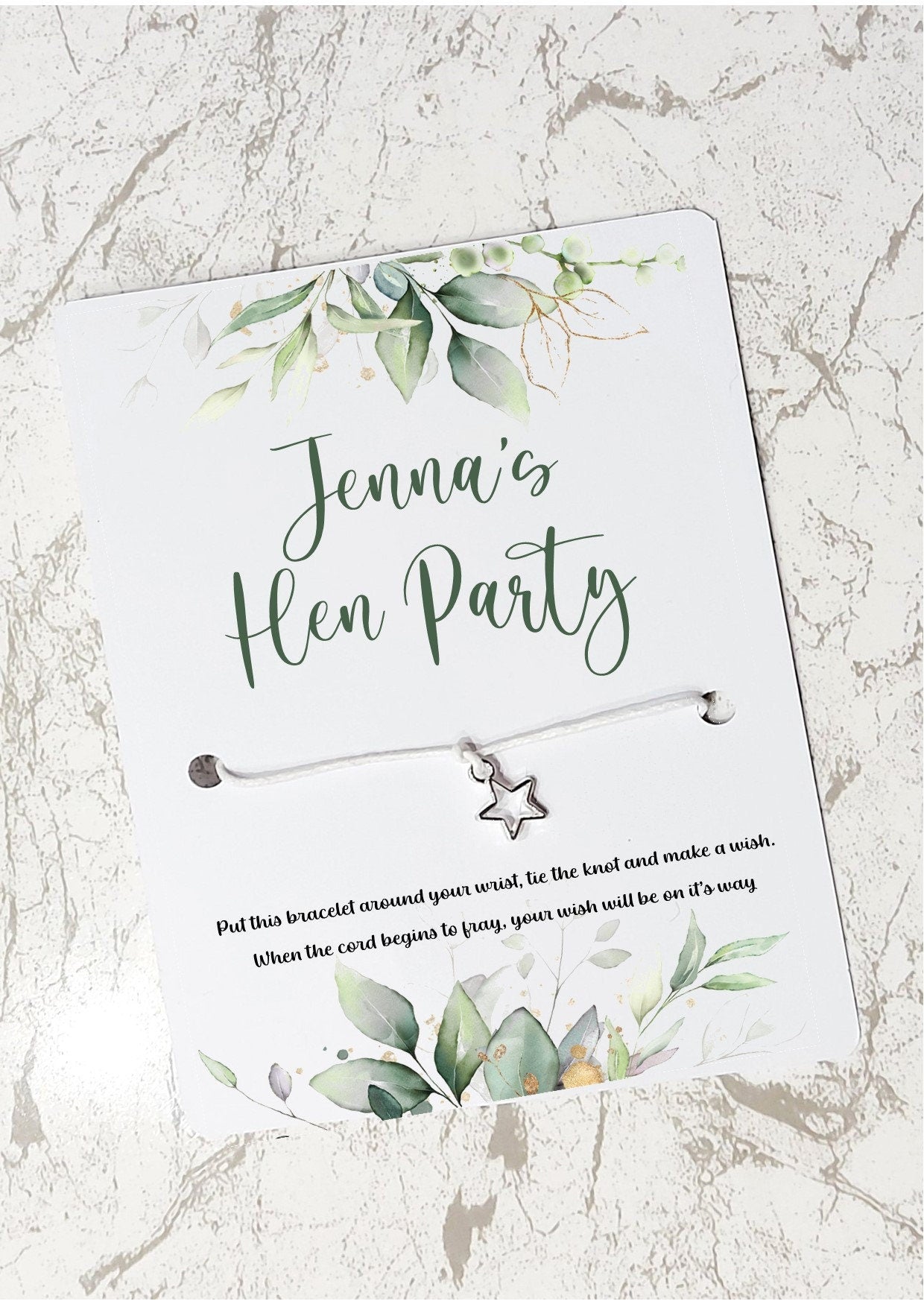 personalised Hen Party Wish Bracelet: Eucalyptus Star Charm Favor