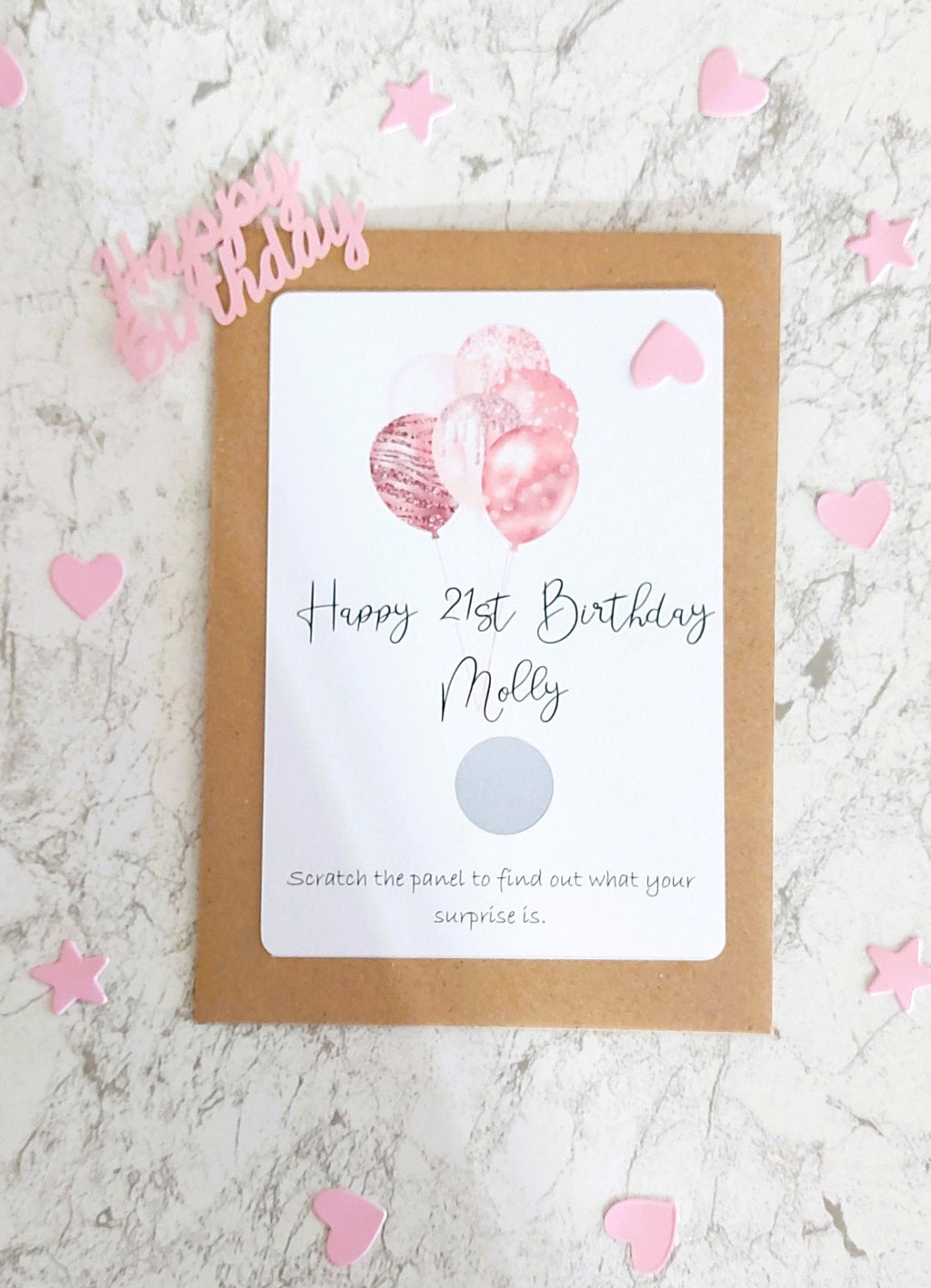 personalised 21st Birthday Scratch Card: Pink Balloon Surprise Reveal