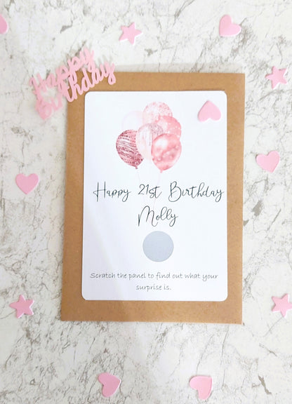 personalised 21st Birthday Scratch Card: Pink Balloon Surprise Reveal