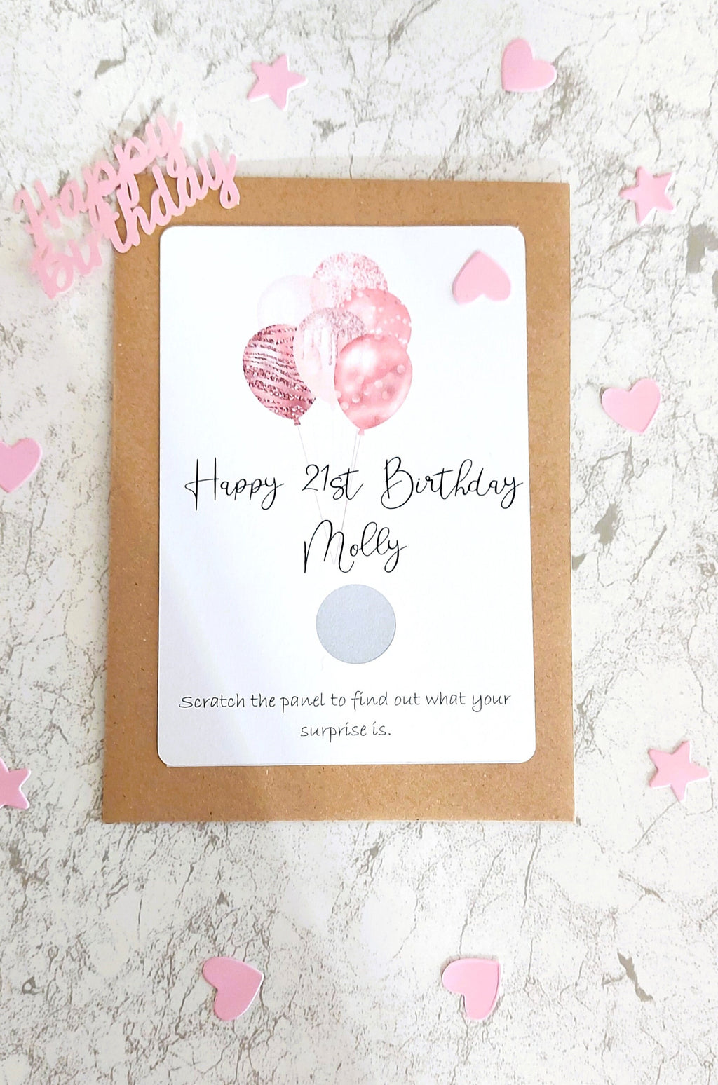 personalised 21st Birthday Scratch Card: Pink Balloon Surprise Reveal
