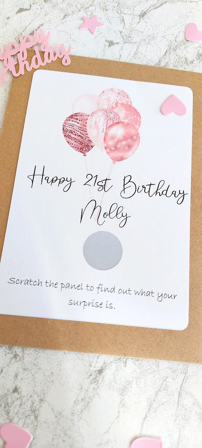 personalised 21st Birthday Scratch Card: Pink Balloon Surprise Reveal