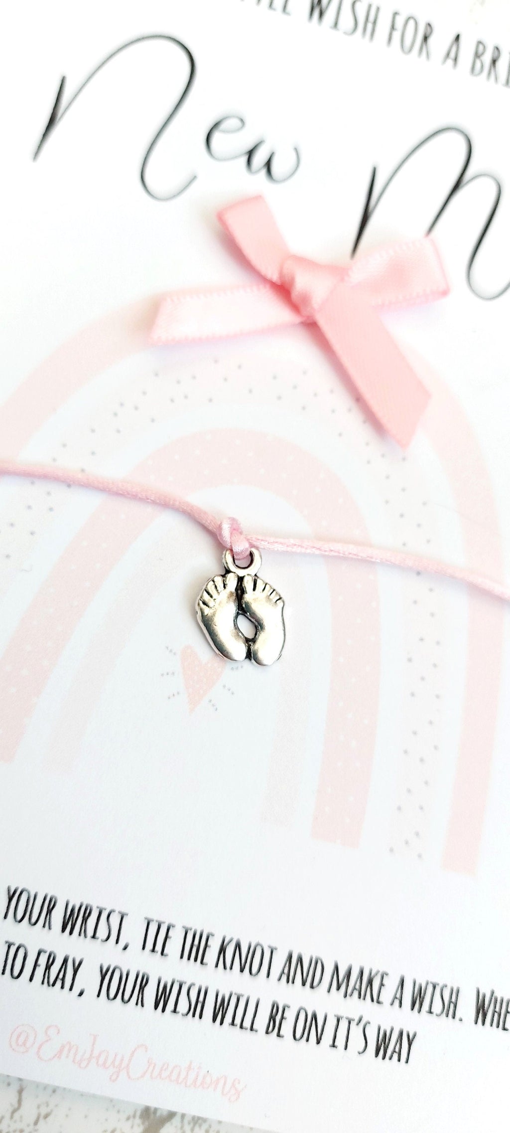 New Mum Wish Bracelet: Pink Cord, Baby Feet Charm