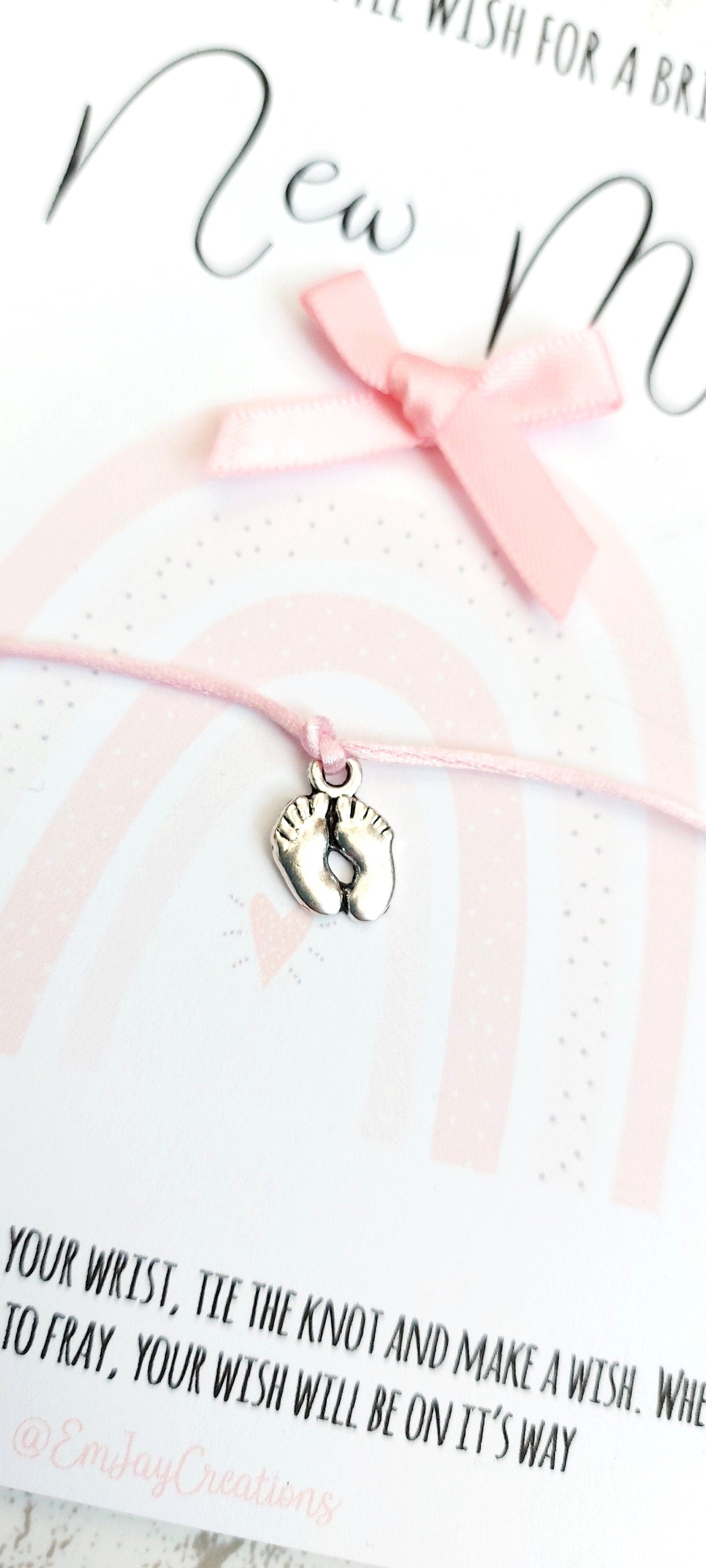 New Mum Wish Bracelet: Pink Cord, Baby Feet Charm