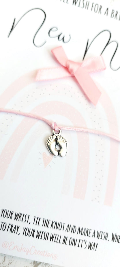 New Mum Wish Bracelet: Pink Cord, Baby Feet Charm
