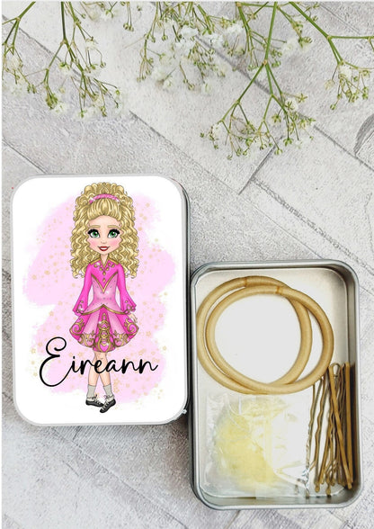 personalised Irish Dance Hair Bun Kit: Silver Tin, Feis Hairstyle