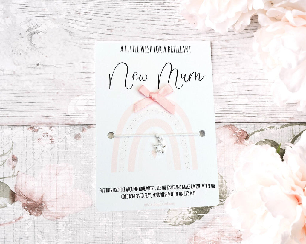 New Mum Wish Bracelet: Pink Cord, Baby Feet Charm