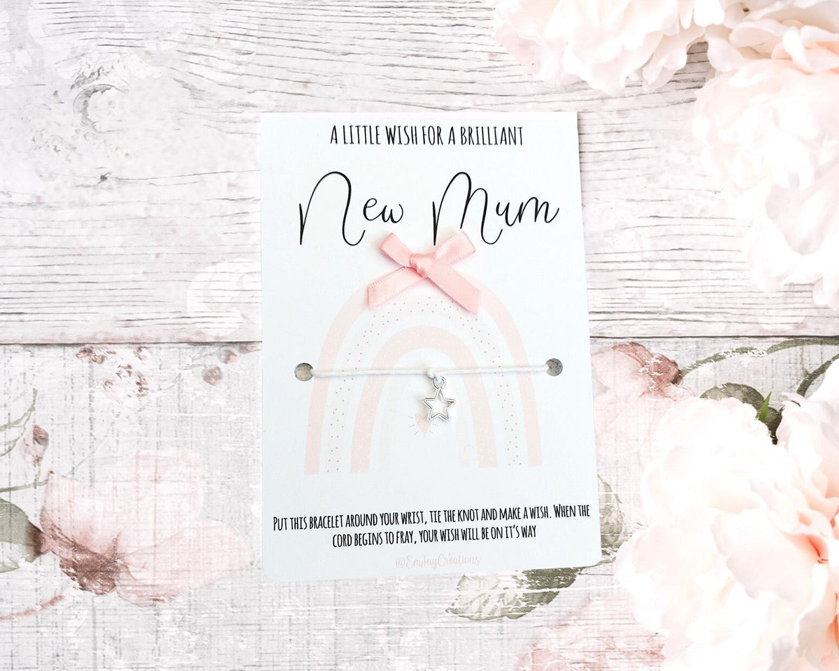 New Mum Wish Bracelet: Pink Cord, Baby Feet Charm