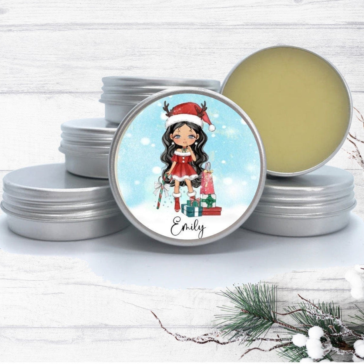 Personalized Christmas-themed product with a cartoon character on a white wooden surface with decorative elements.