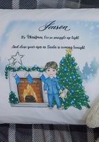 personalised Boy's Christmas Eve Pillowcase: Christmas Tree Fireplace Design