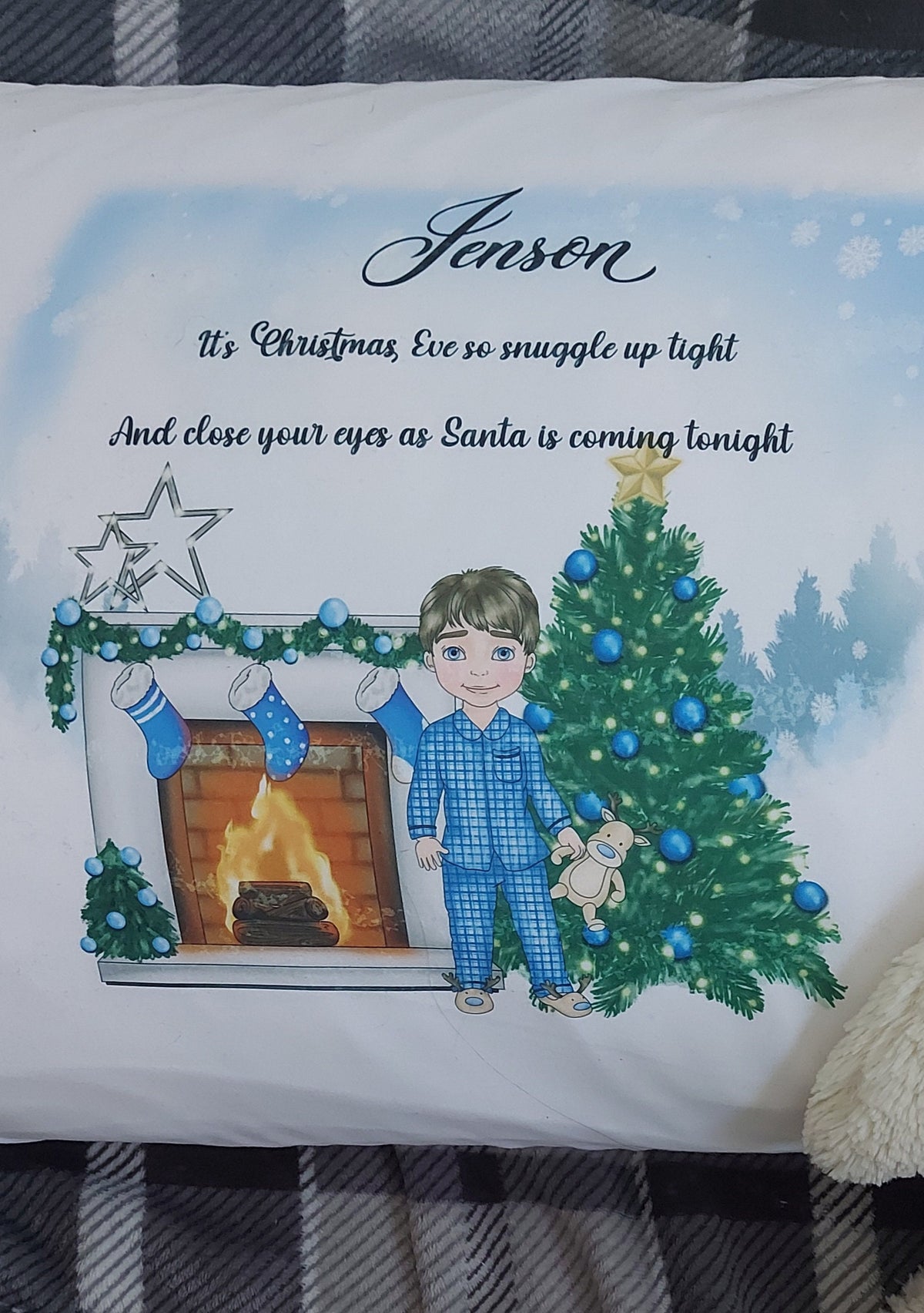 personalised Boy's Christmas Eve Pillowcase: Christmas Tree Fireplace Design