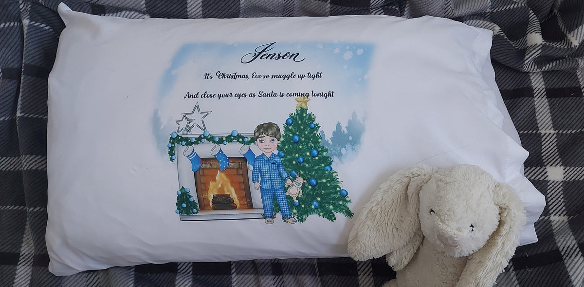 personalised Boy's Christmas Eve Pillowcase: Christmas Tree Fireplace Design