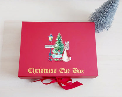 Personalised Peter Rabbit Candy Cane Lane Christmas Eve Box. High quality magnetic gift box