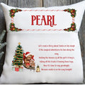 Decorative pillow with Christmas-themed design and text, featuring a teddy bear and Santa Claus.