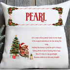 Decorative pillow with Christmas-themed design and text, featuring a teddy bear and Santa Claus.