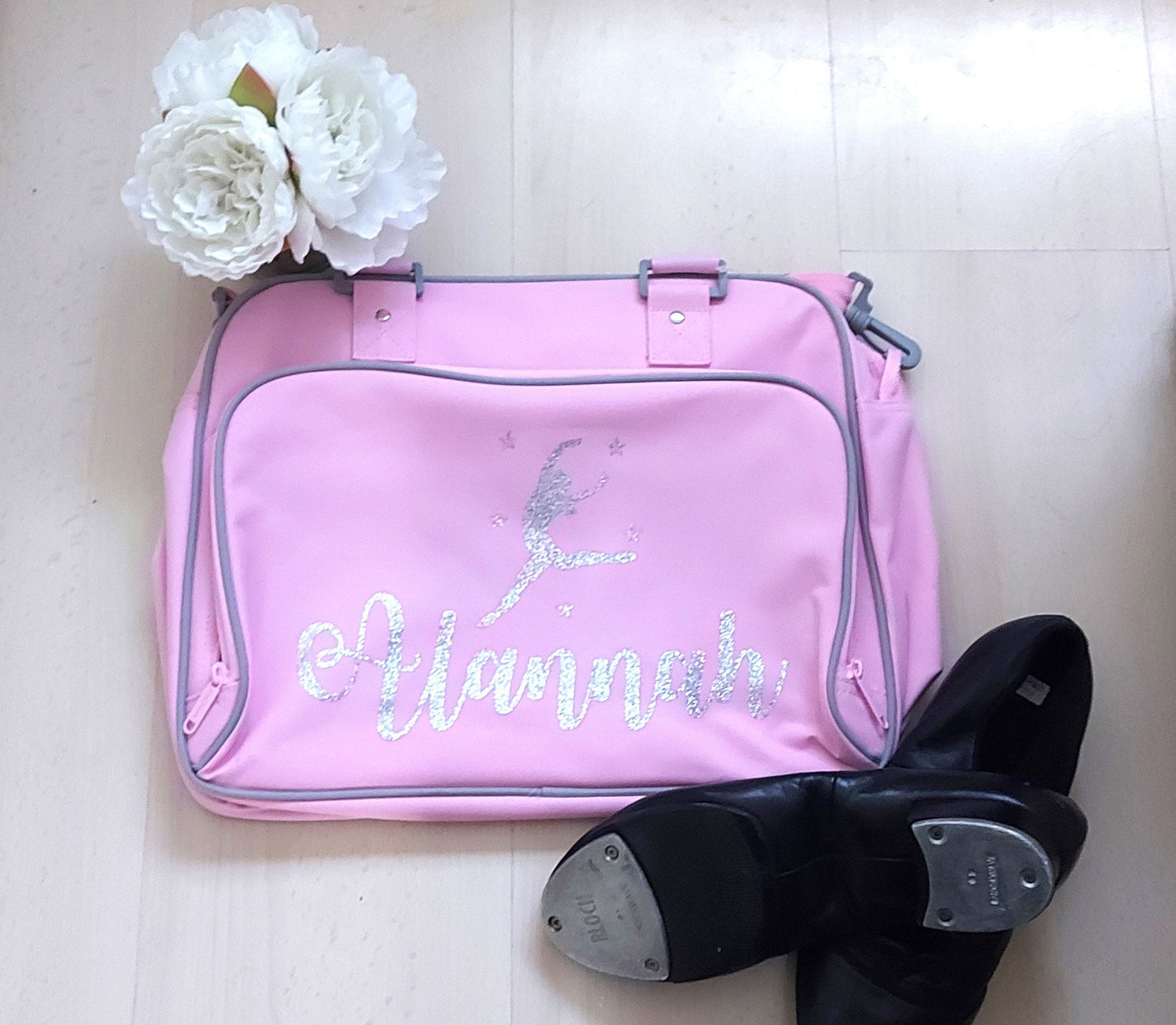 Personalised dance/ballet bag - soft pink with silver-grey trim