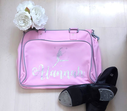 Personalised dance/ballet bag - soft pink with silver-grey trim