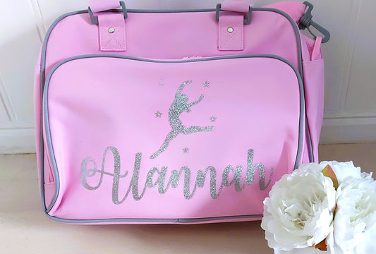 Personalised dance/ballet bag - soft pink with silver-grey trim