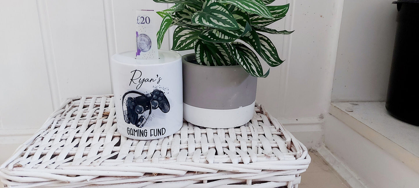 personalised Gamer Money Box: Ceramic Gaming Fund Savings Pot