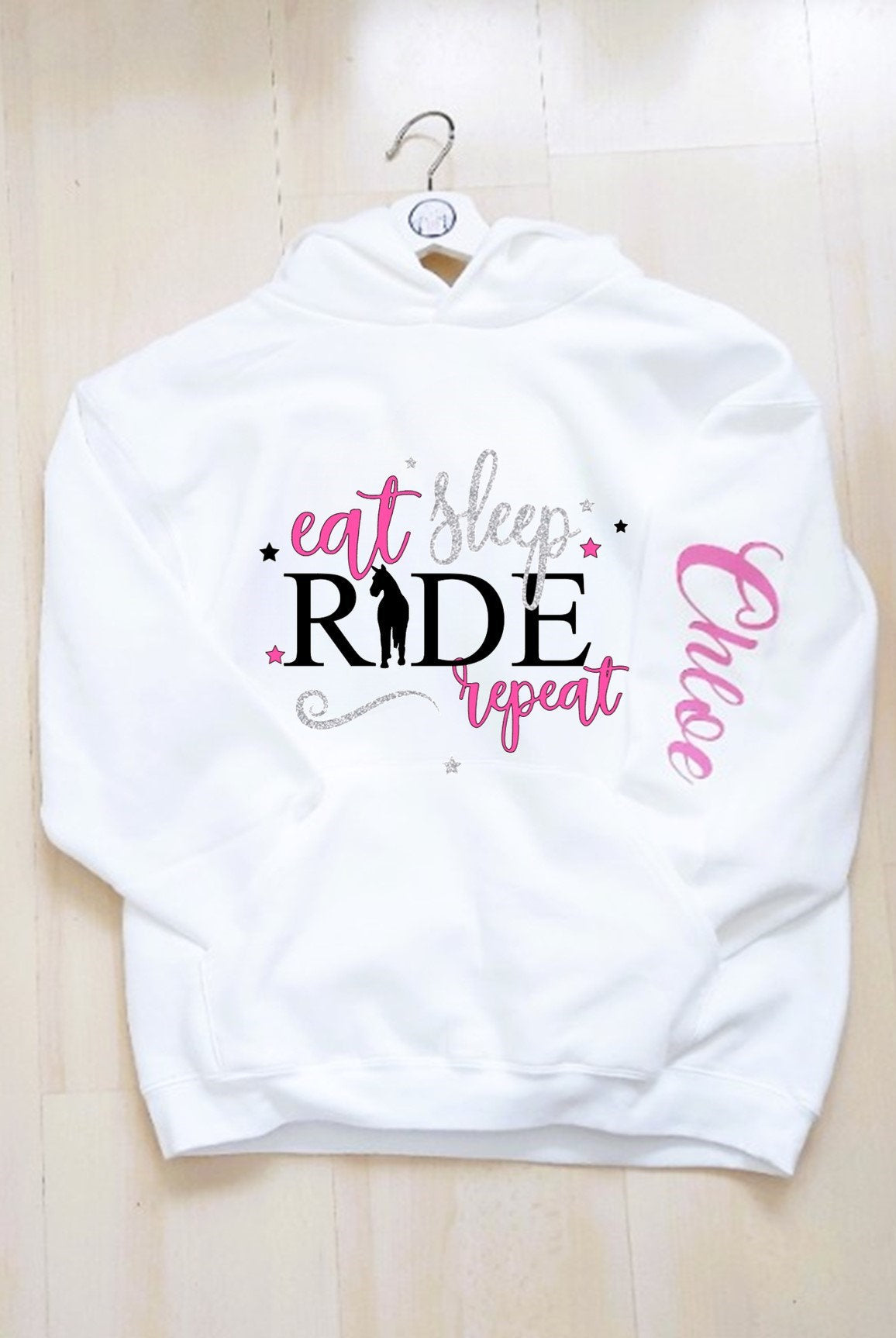 Personalised Eat Sleep Ride Repeat horseriding hoodie