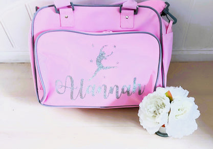 Personalised dance/ballet bag - soft pink with silver-grey trim